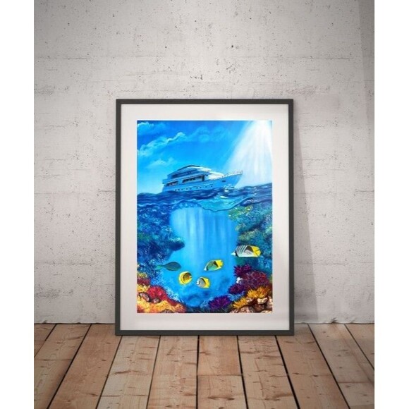 Original Oil Painting 18x24 Seascape Underwater Yachts Marine Life Canvas Art - Picture 7 of 8